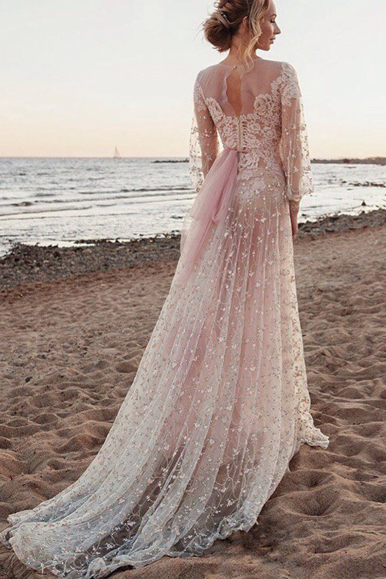 2024 Scoop Long Sleeves Lace Prom Dresses A Line With Applique