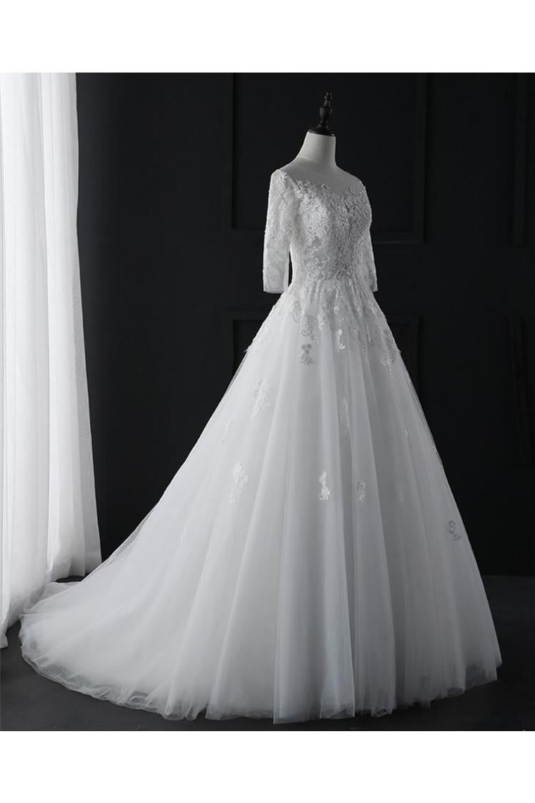 Romantic 3/4 Sleeves Illusion Neckline  Appliques Wedding Dresses