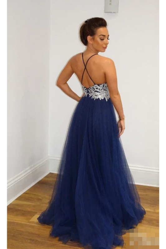 A Line Navy Blue Tulle Prom Dresses Spaghetti Back Crossed Straps Prom Gown