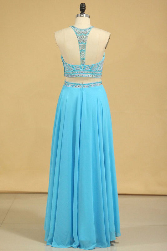 2024 Two-Piece Scoop Prom Dresses A Line Open Back Chiffon & Tulle With Beading