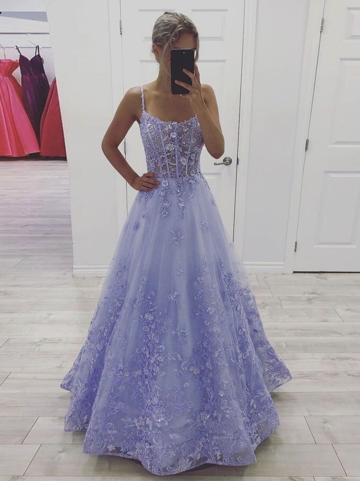 Lavender Lace Appliques Evening Party Dresses A line Tulle Long Prom Dresses