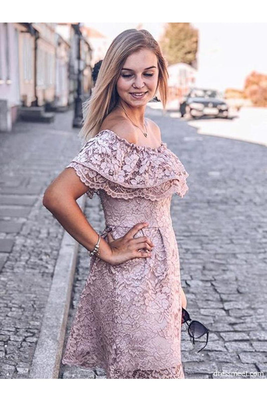 Elegant Off The Shoulder Blush Lace Short Homecoming Dresses