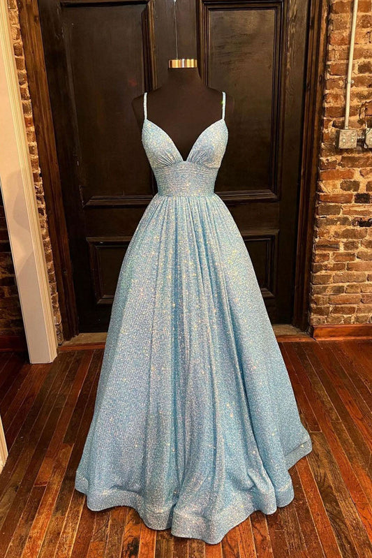 Blue A-Line V-Neck Simple Sequin Formal Evening Dresses Long Prom Dresses