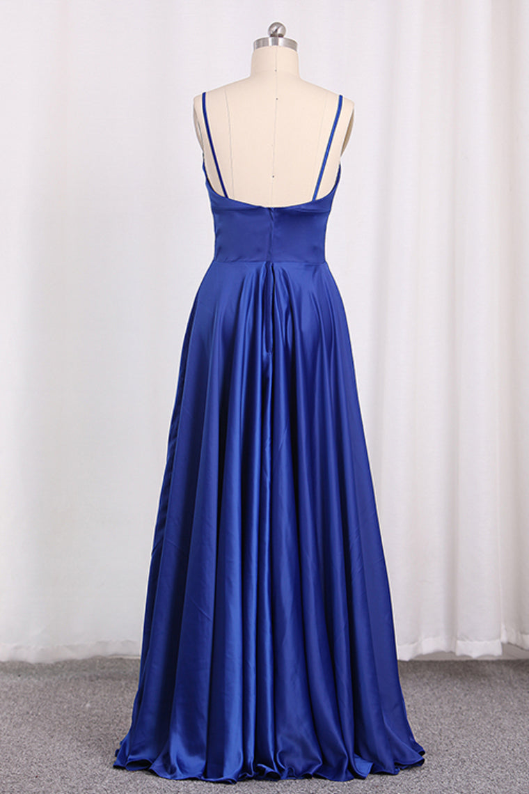 2024 New Arrival Spaghetti Straps Satin A Line Evening Dresses With Slit