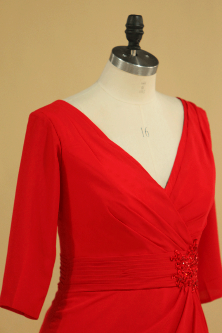 2024 Red Plus Size Mother Of The Bride Dresses V Neck 3/4 Length Sleeve Spandex With Beads Mermaid