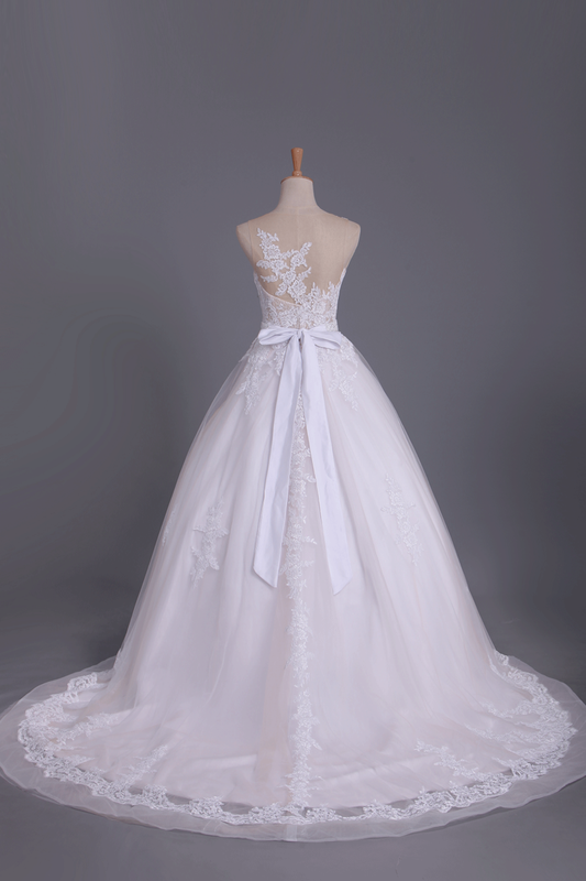 2024 Chapel Train Wedding Dresses Bateau Tulle With Applique And Sash A Line