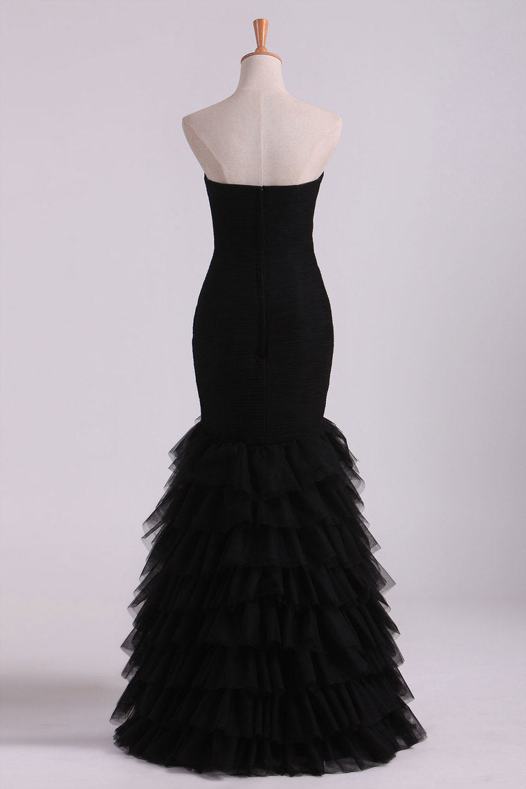 2024 Black Sweetheart Ruffled Bodice Evening Dresses Tulle Floor Length Mermaid