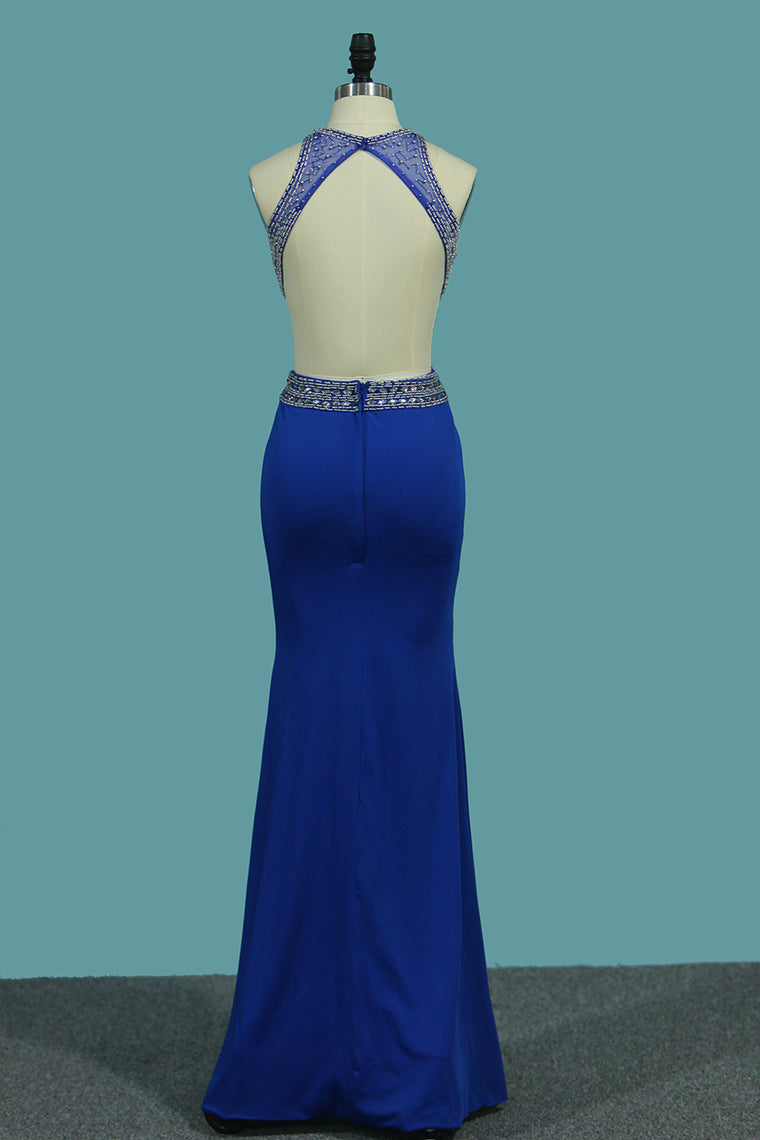 2024 Mermaid Prom Dresses Open Back Scoop With Beads And Slit