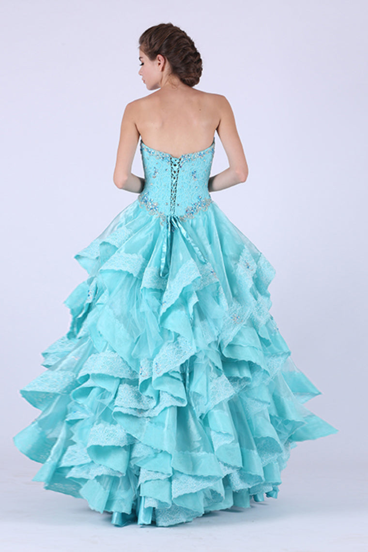 2024 A Line Sweetheart Prom Dresses Organza With Applique And Beads