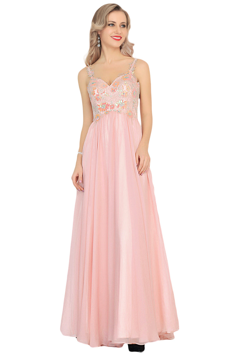 2024 A Line Spaghetti Straps Prom Dresses Chiffon With Beads And Applique