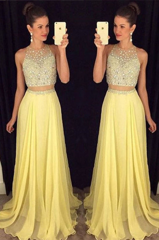 2024 Prom Dresses Scoop Beaded Bodice Chiffon Sweep Train