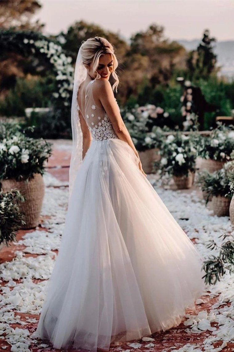 Elegant A Line V Neck Tulle Wedding Dresses With Flowers, V Back Beach Wedding Gowns