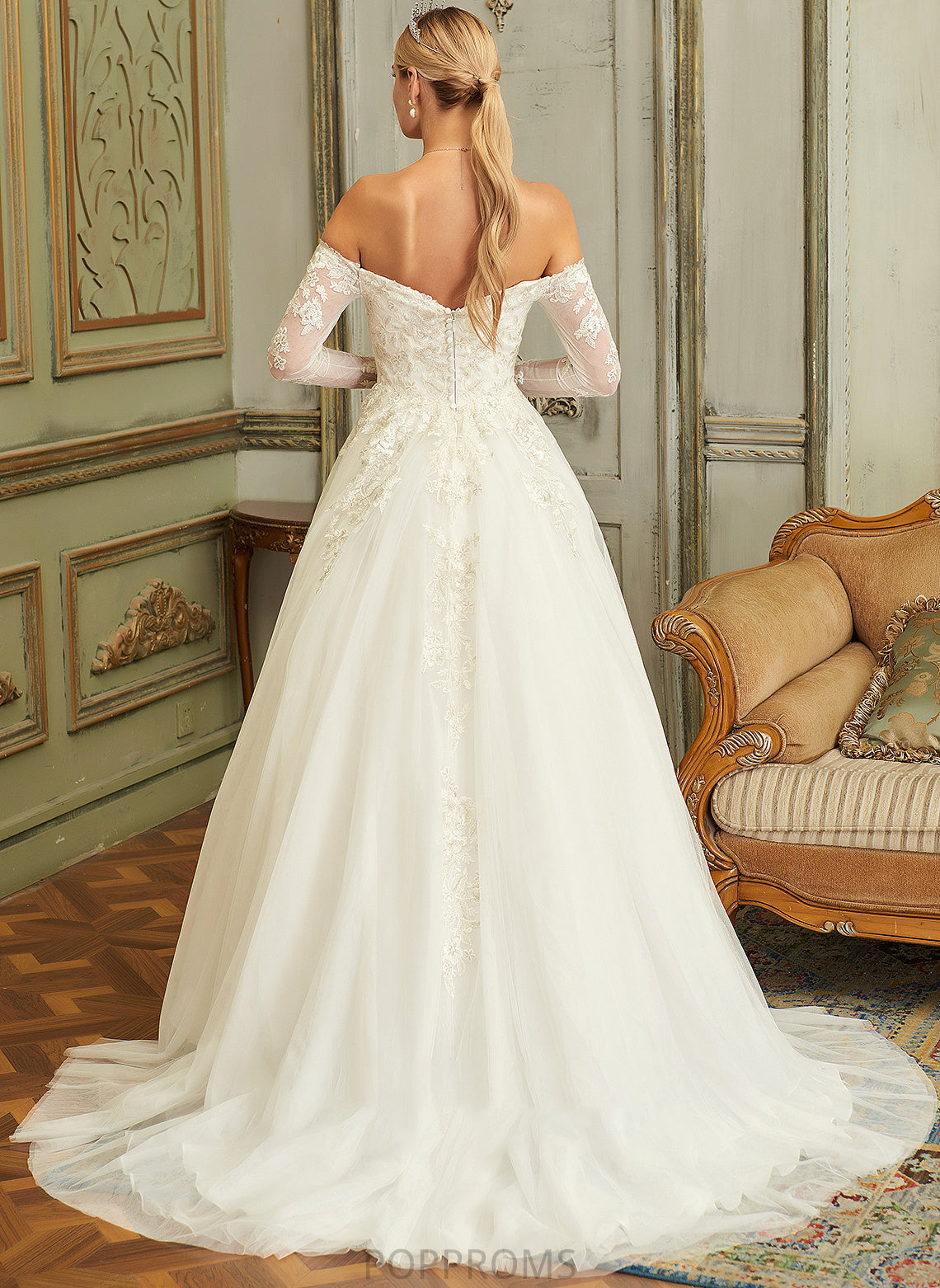 Ball-Gown/Princess Train With Wedding Dresses Lace Lace Tulle Sweep Angelina Wedding Off-the-Shoulder Dress