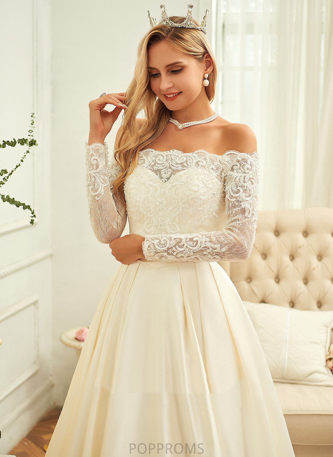 Off-the-Shoulder Satin Wedding Dresses Beading Sequins Jocelynn Dress Sweep Train With Wedding Lace Ball-Gown/Princess