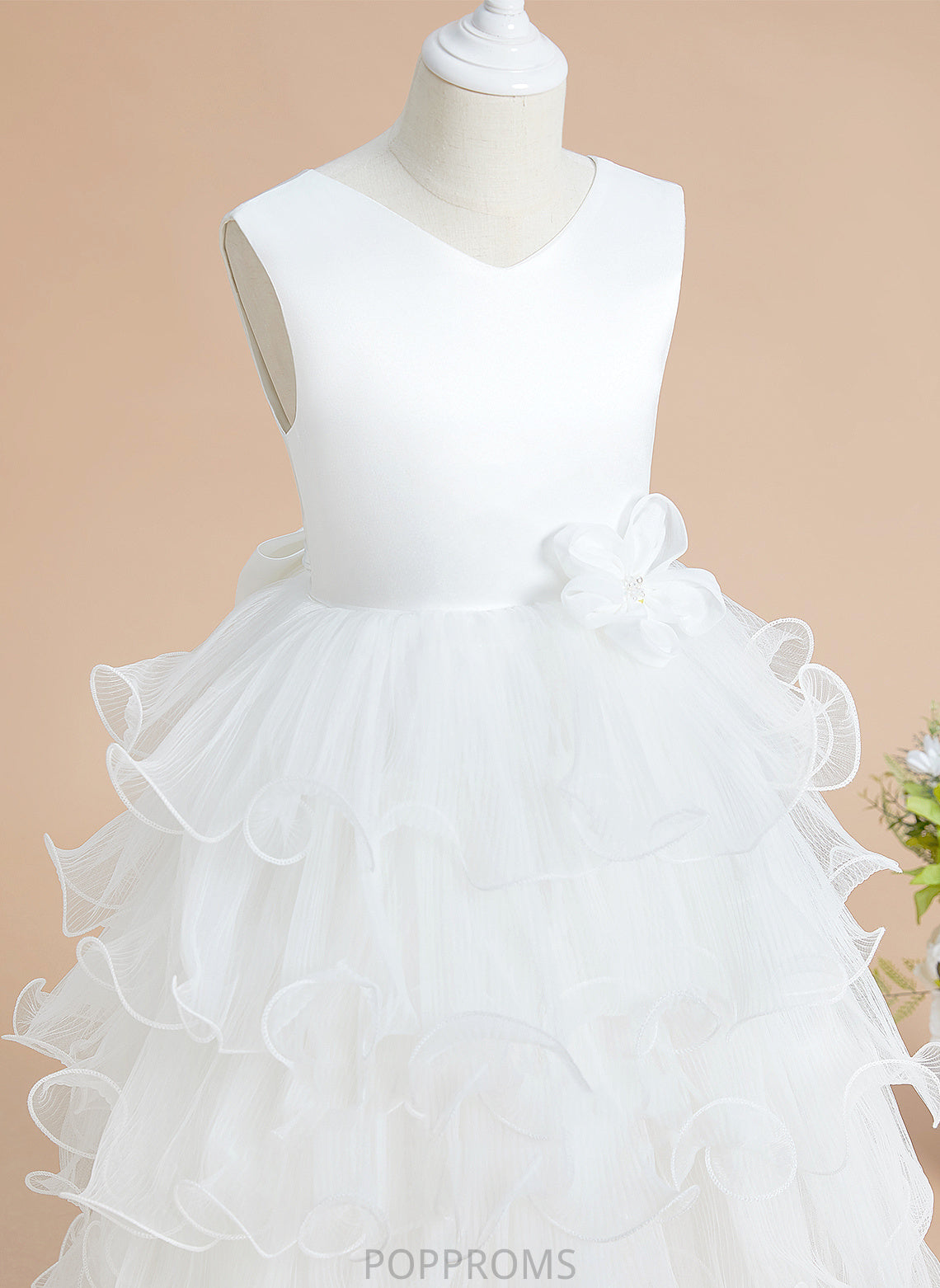 Flower Tea-length Girl Kira With Ball-Gown/Princess Dress V-neck Sleeveless - Flower Girl Dresses Bow(s) Satin/Tulle