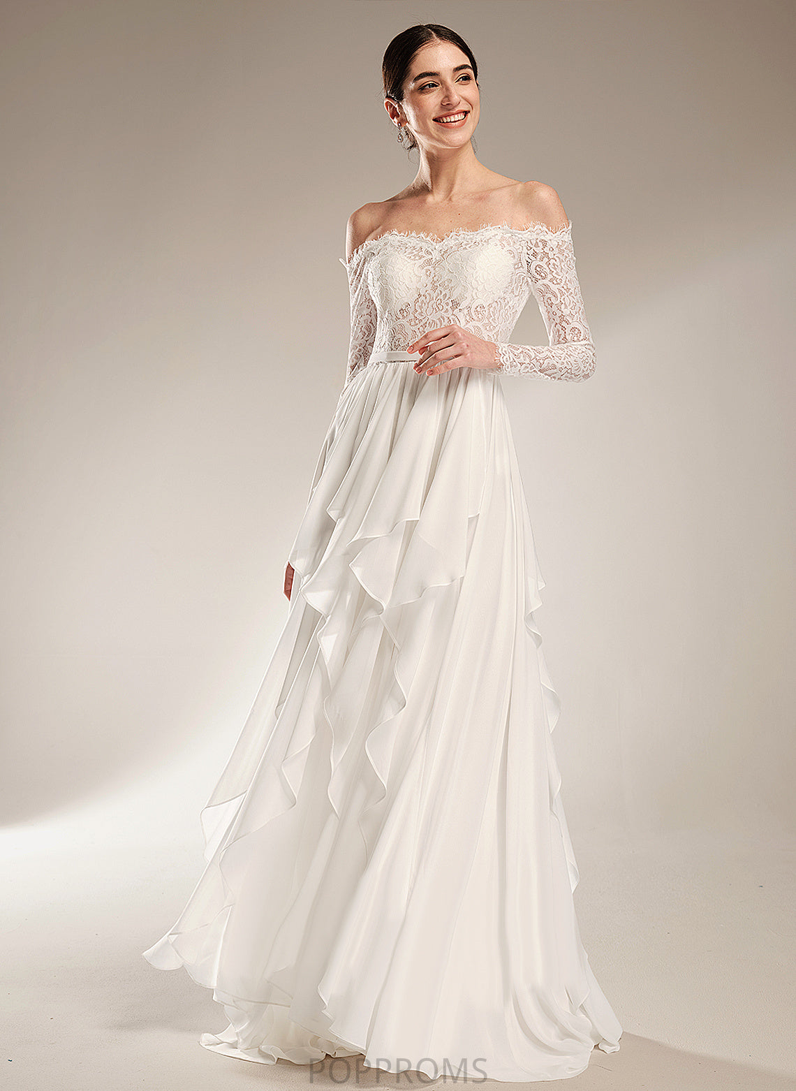 Yazmin Off-the-Shoulder Dress Lace A-Line With Wedding Ruffle Wedding Dresses Train Chiffon Court