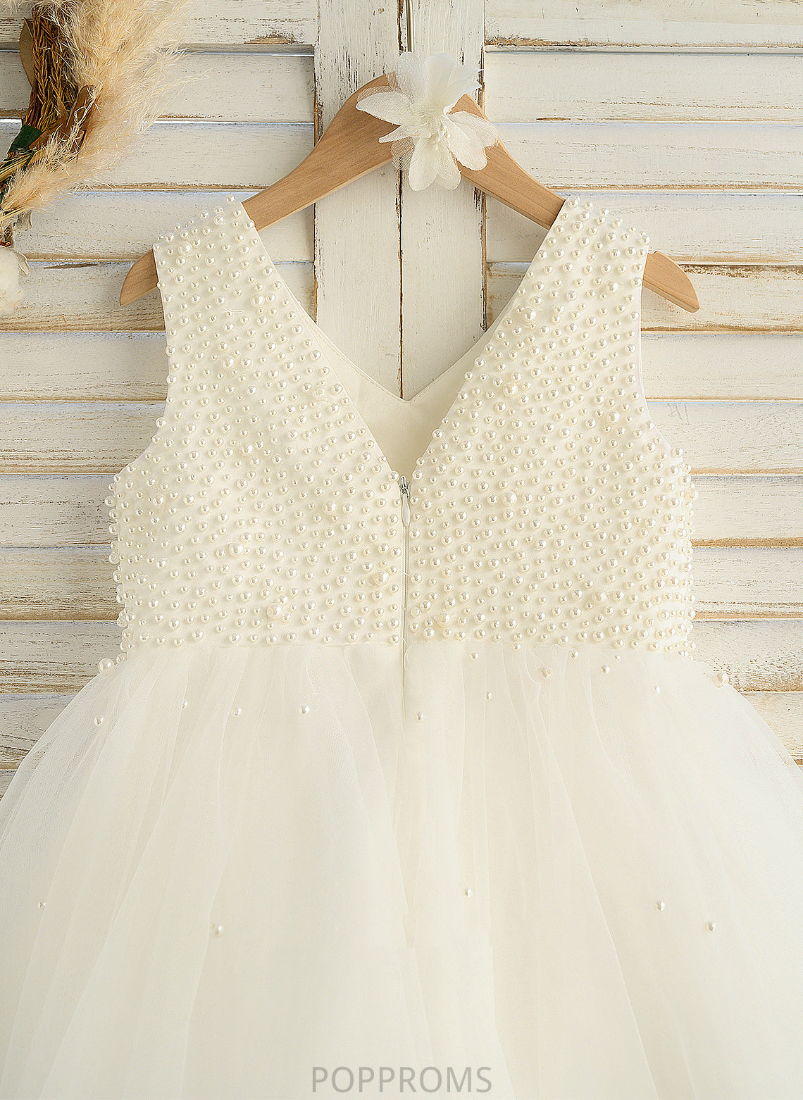 - With Flower Girl Dresses Knee-length Pearl V-neck Dress Satin/Tulle Flower Sleeveless Beading A-Line Girl