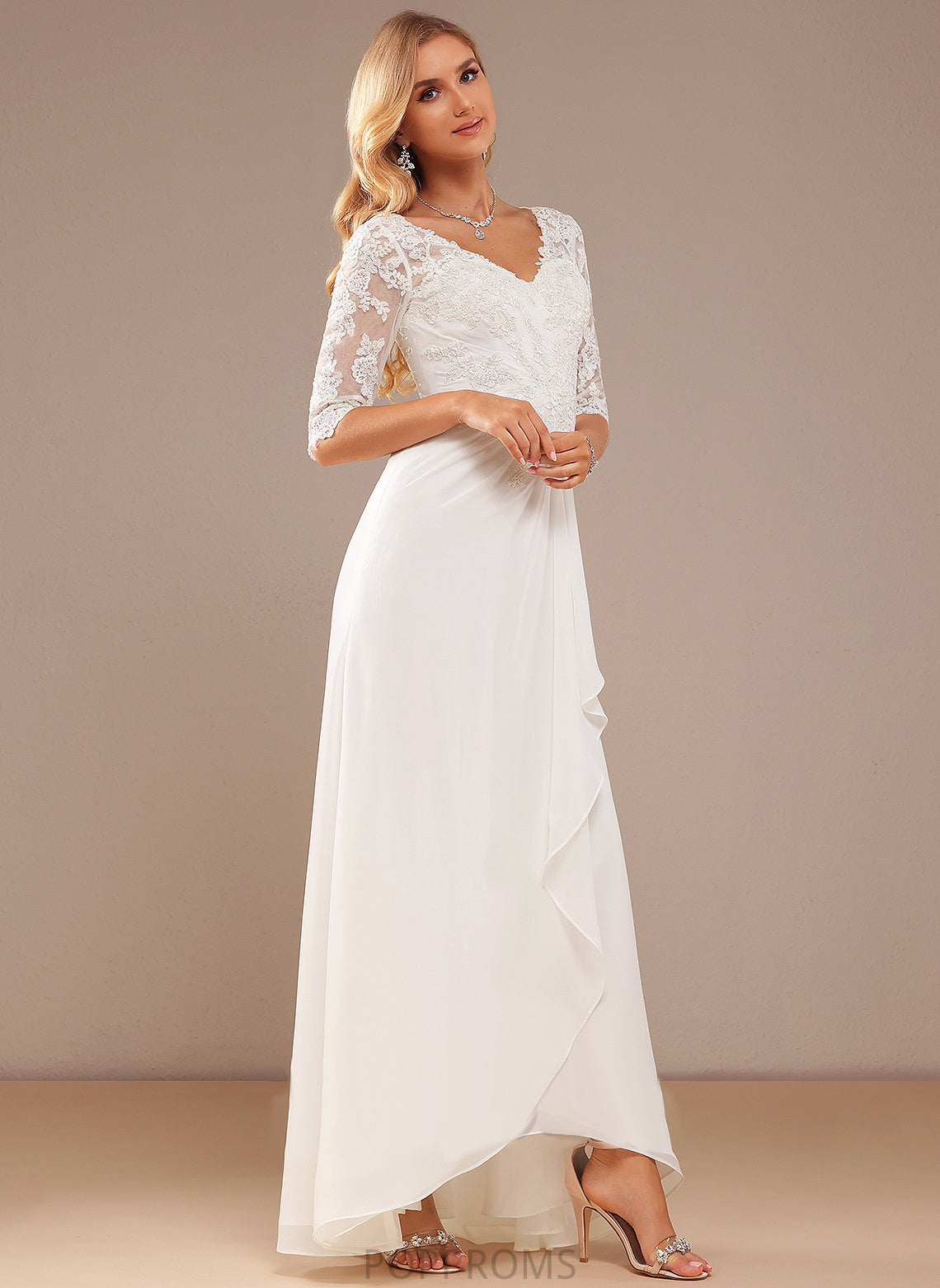 Lace Dress Ruffle Asymmetrical Chiffon With Wedding A-Line Lace Vivian V-neck Wedding Dresses