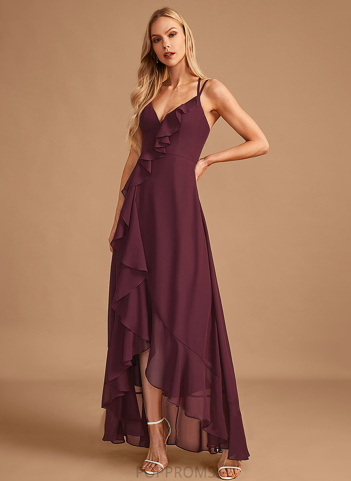 A-Line Embellishment Fabric V-neck Ruffle Asymmetrical SplitFront Neckline Length Silhouette Linda Sleeveless Bridesmaid Dresses