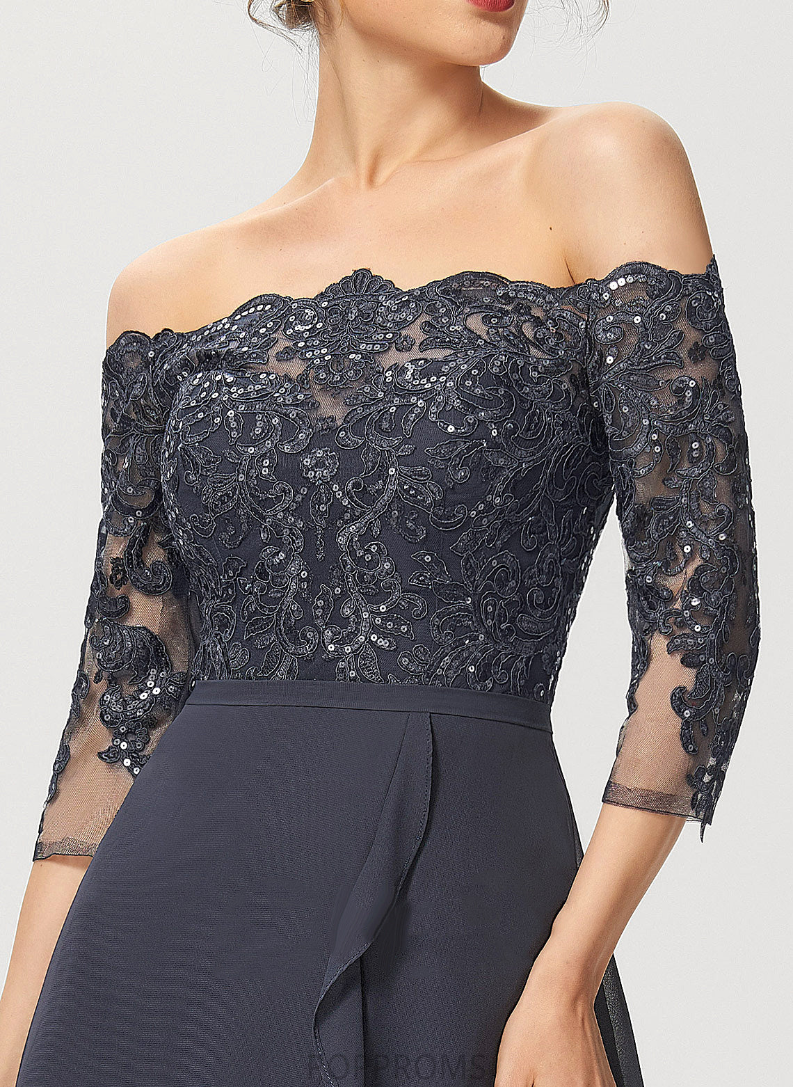 Off-the-Shoulder Cocktail Dresses With A-Line Asymmetrical Nancy Cocktail Lace Chiffon Sequins Dress