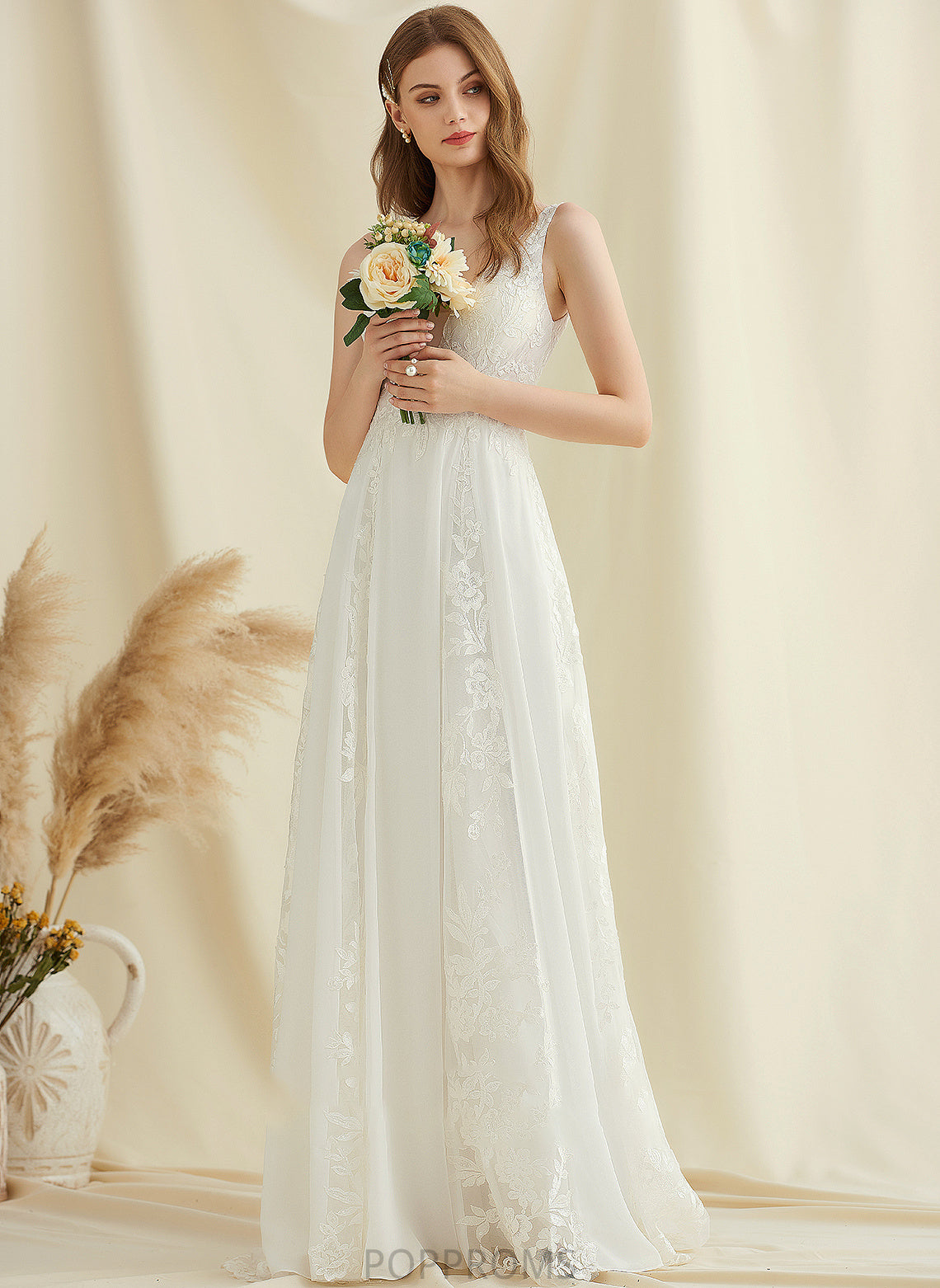 Wedding Lace V-neck With Sweep Dress Chiffon Wedding Dresses A-Line Sequins Jazmin Train