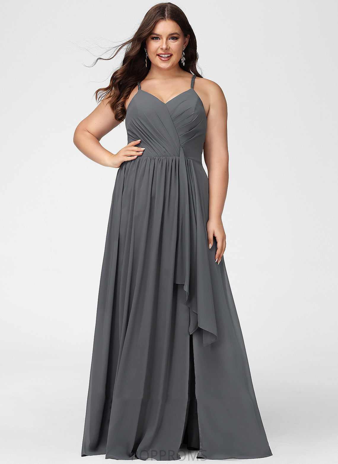 Length Fabric A-Line Ruffle Embellishment Silhouette Floor-Length SplitFront V-neck Beading Neckline Ariella Bridesmaid Dresses