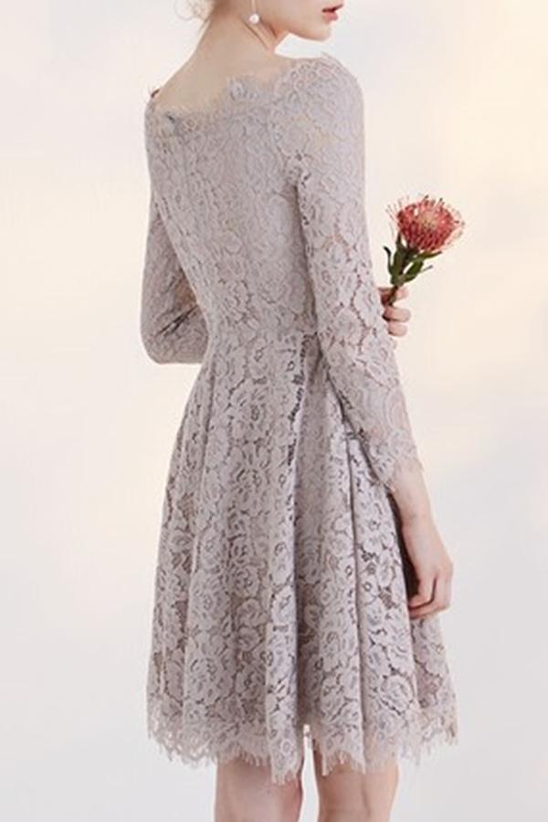 Gray A Line Long Sleeve Lace Appliques Short Homecoming Dresses