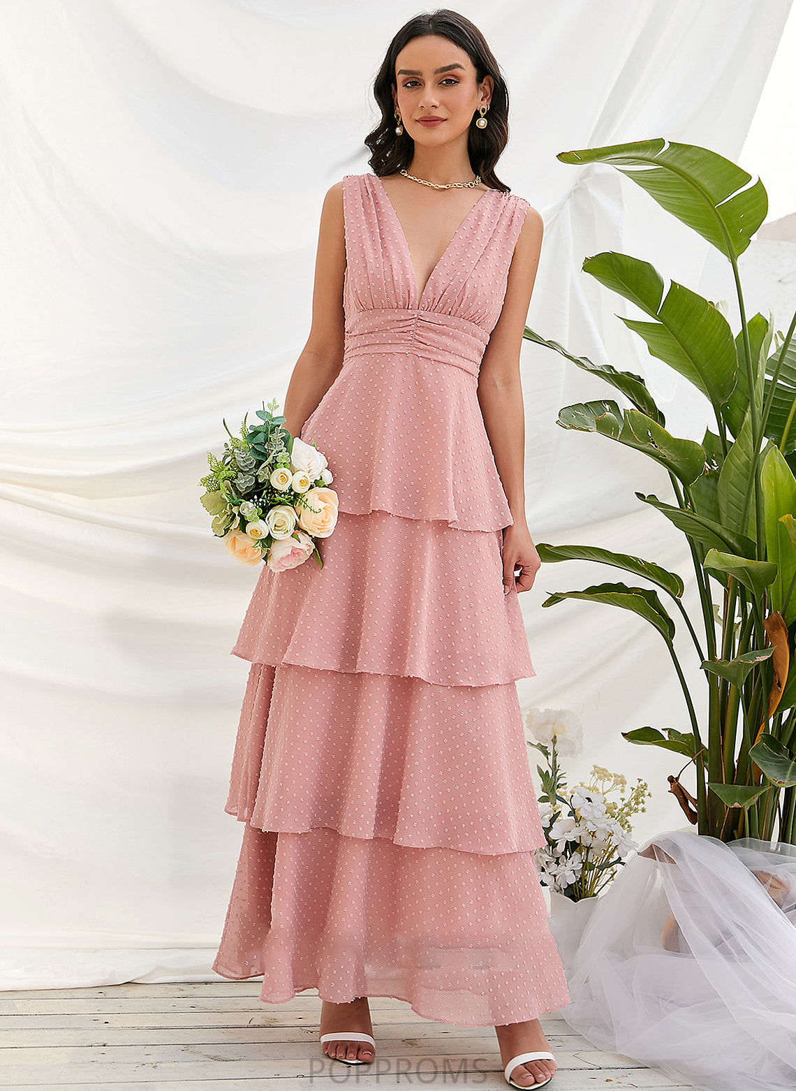 V-neck Straps A-Line Fabric Silhouette Length Neckline Ankle-Length Julia Sleeveless Natural Waist Floor Length Bridesmaid Dresses