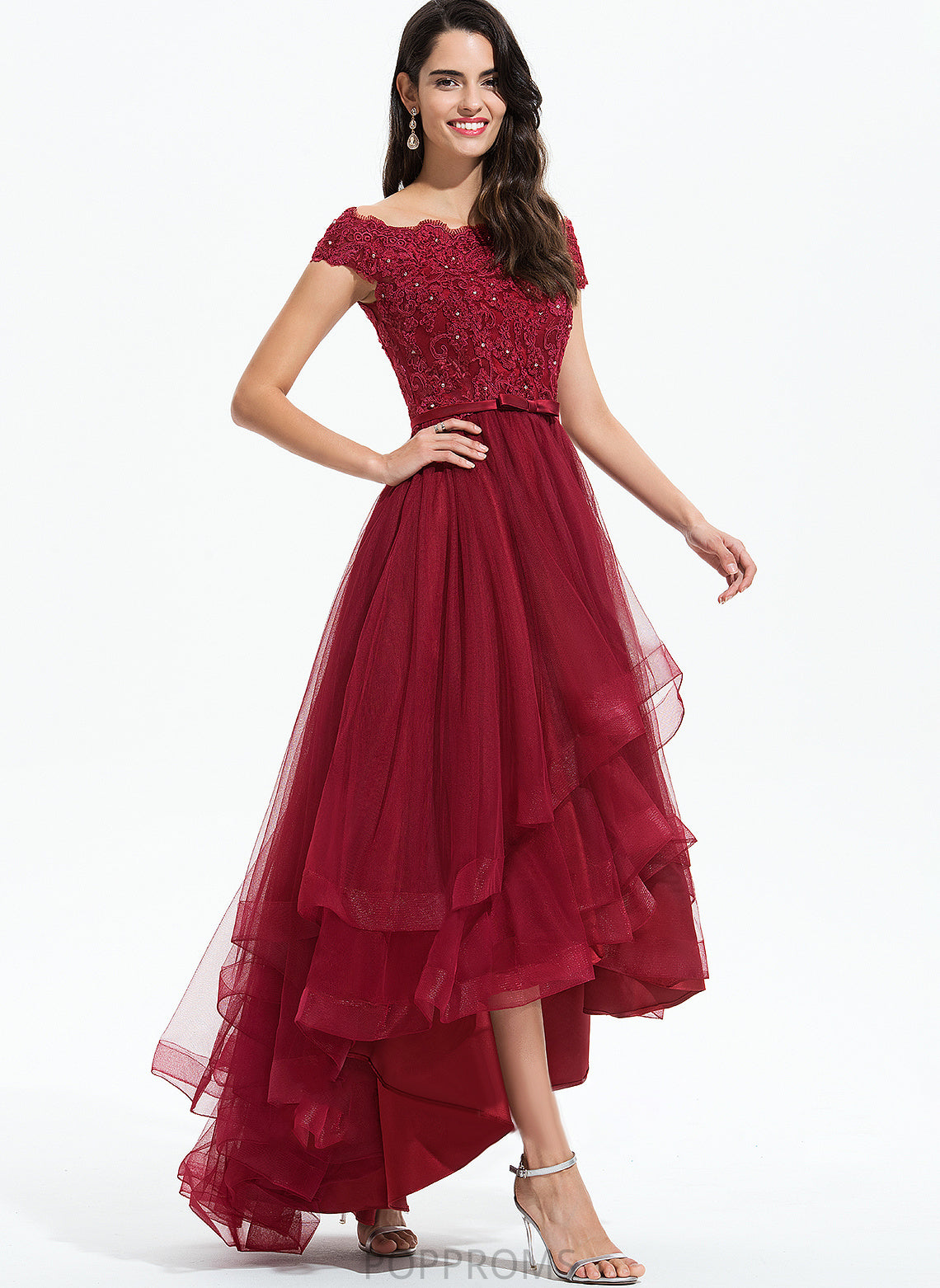 Off-the-Shoulder Asymmetrical A-Line Dress Parker Lace Tulle Cocktail Beading With Lace Cocktail Dresses Bow(s)