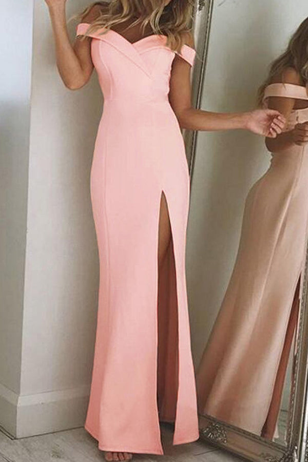 Black Sheath Floor Length Off Shoulder Mid Back Side Slit Prom Dresses