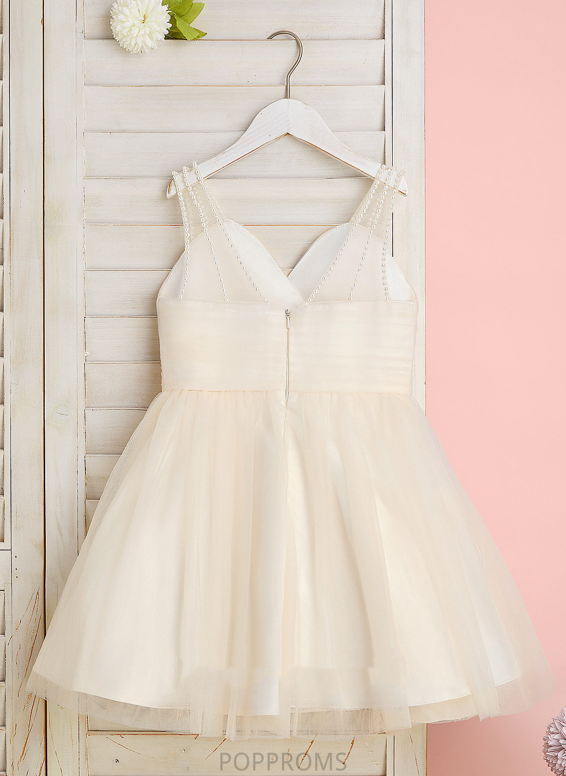 Girl Tulle Sleeveless A-Line Knee-length Dress Aurora Flower Girl Dresses - Flower V-neck With Ruffles/Beading