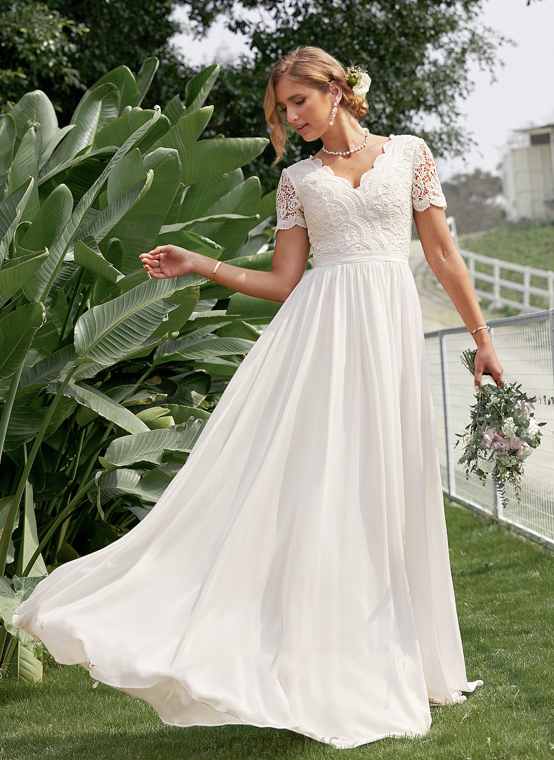 Dress Wedding Wedding Dresses Lace Krystal Chiffon V-neck A-Line Floor-Length