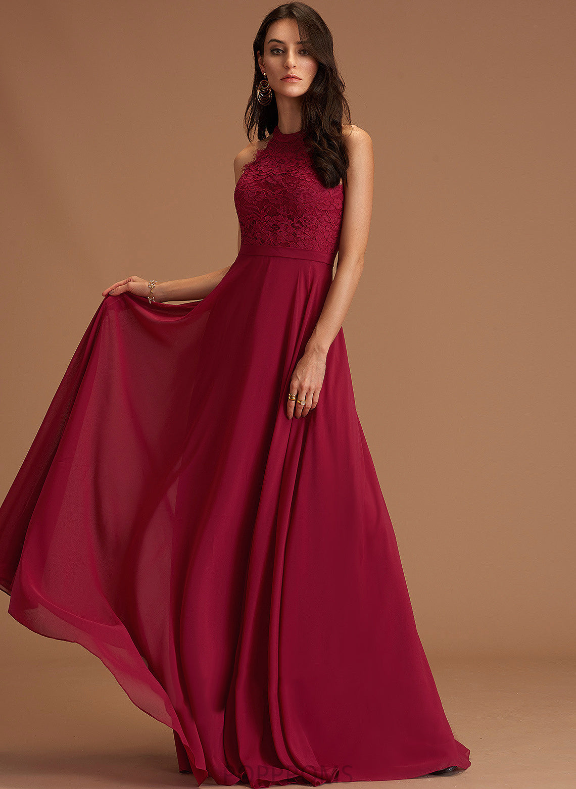 Scoop A-Line Chiffon Lace Floor-Length Prom Dresses Elsa