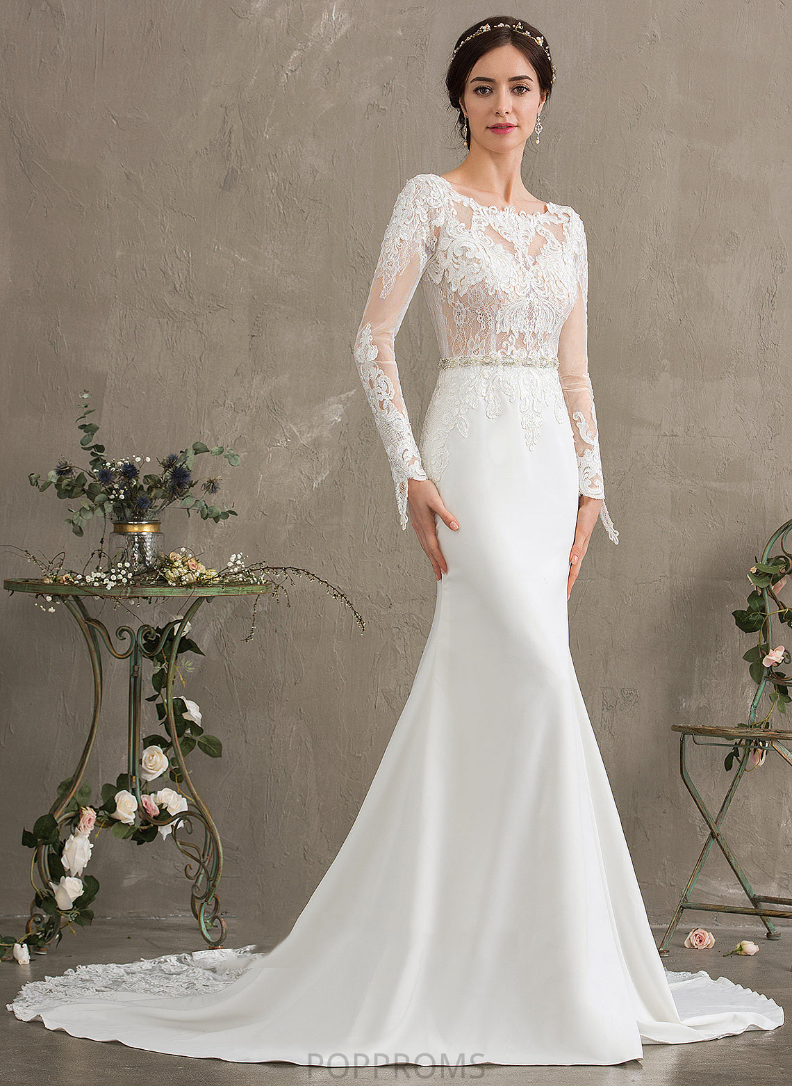 Scoop Wedding Dresses Neck Sequins Wedding With Crepe Chapel Trumpet/Mermaid Beading Elyse Lace Stretch Dress Train