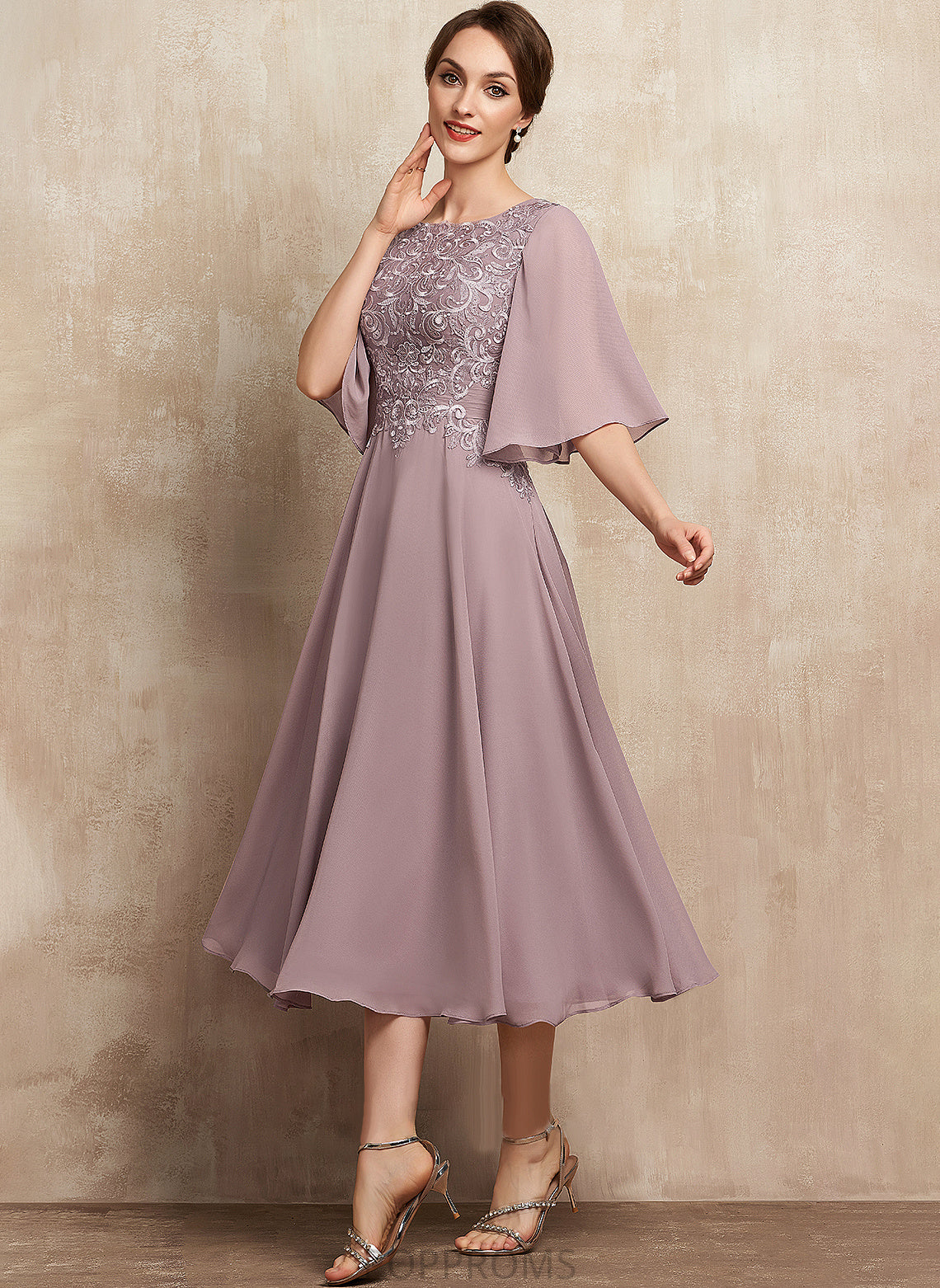 Scoop Bride Mother of the Bride Dresses Chiffon Kathleen Mother the A-Line Lace Neck Tea-Length Dress of