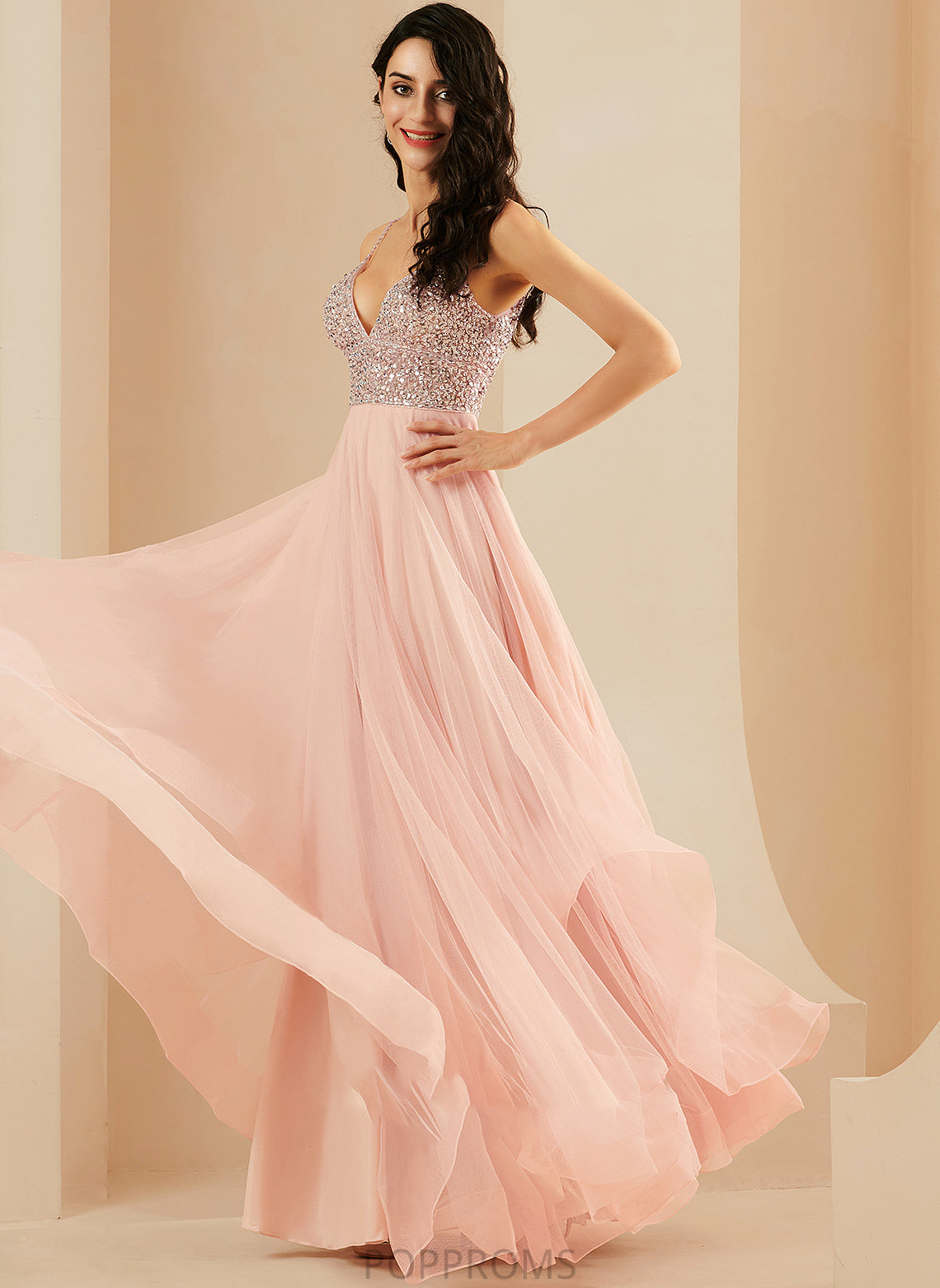 V-neck Erika Tulle A-Line With Floor-Length Prom Dresses Sequins Beading