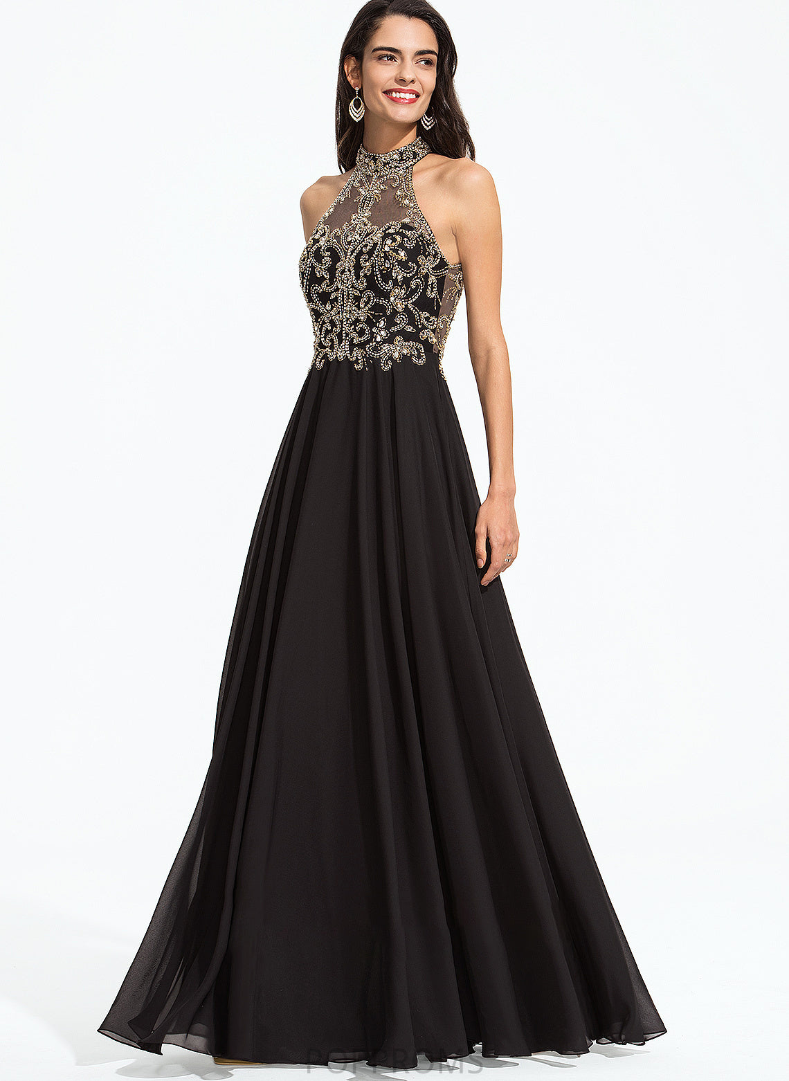 Prom Dresses Floor-Length Chiffon Beading A-Line Neck With Joselyn High Sequins