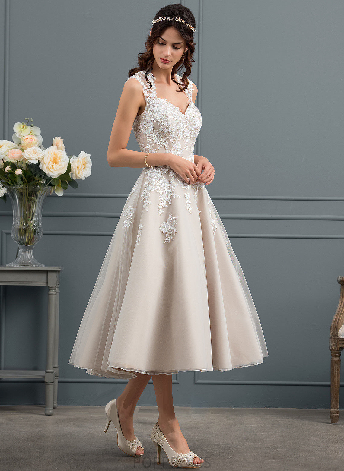 Yadira Tulle Sweetheart Tea-Length Wedding Dresses Wedding Sequins With Ball-Gown/Princess Dress