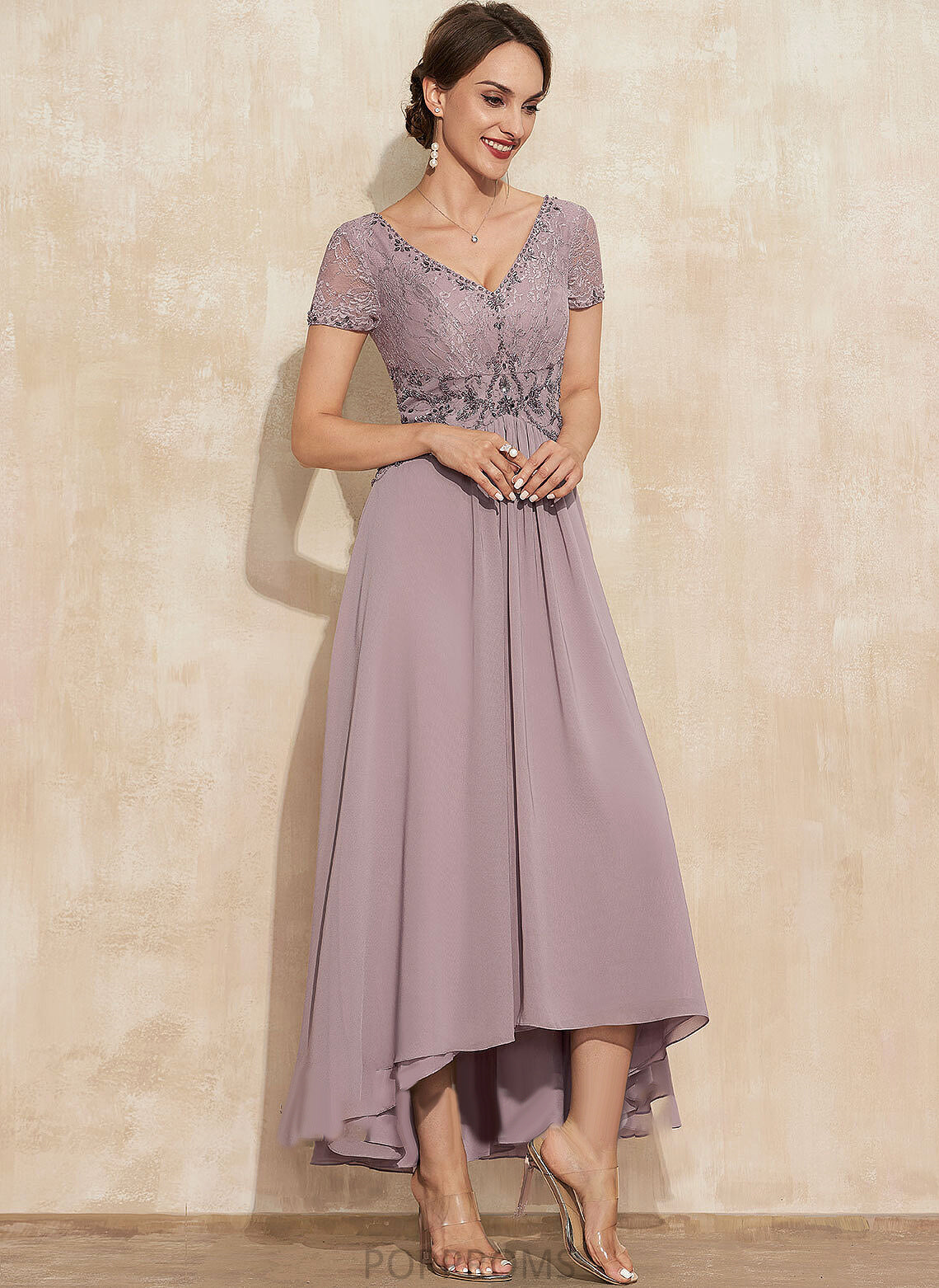 of Mother of the Bride Dresses Mother V-neck the Lace Beading Dress Asymmetrical A-Line Chiffon Bride Elaine With