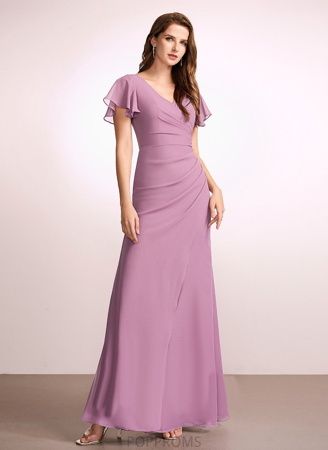 Silhouette Neckline Length Floor-Length Embellishment Ruffle Fabric V-neck Sheath/Column Lorelai Floor Length V-Neck Bridesmaid Dresses