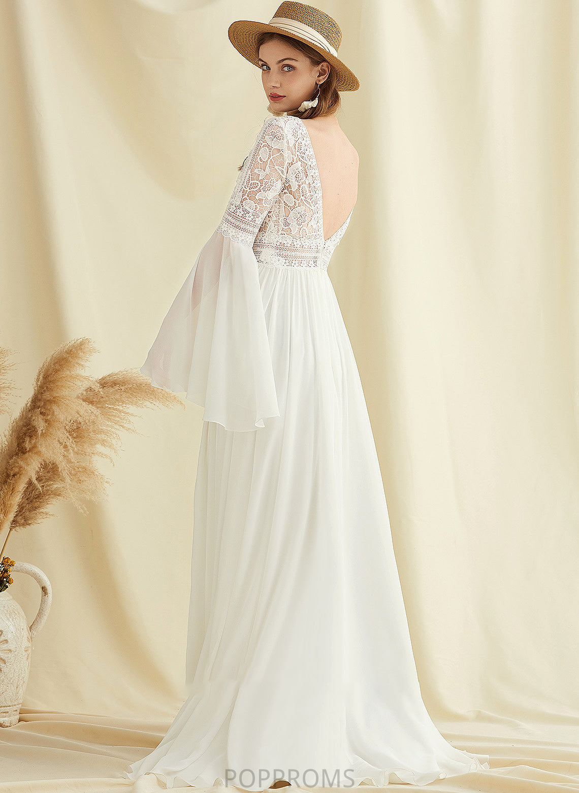 Train Wedding Dresses Split Sweep Chiffon A-Line With Macy Lace V-neck Front Wedding Dress