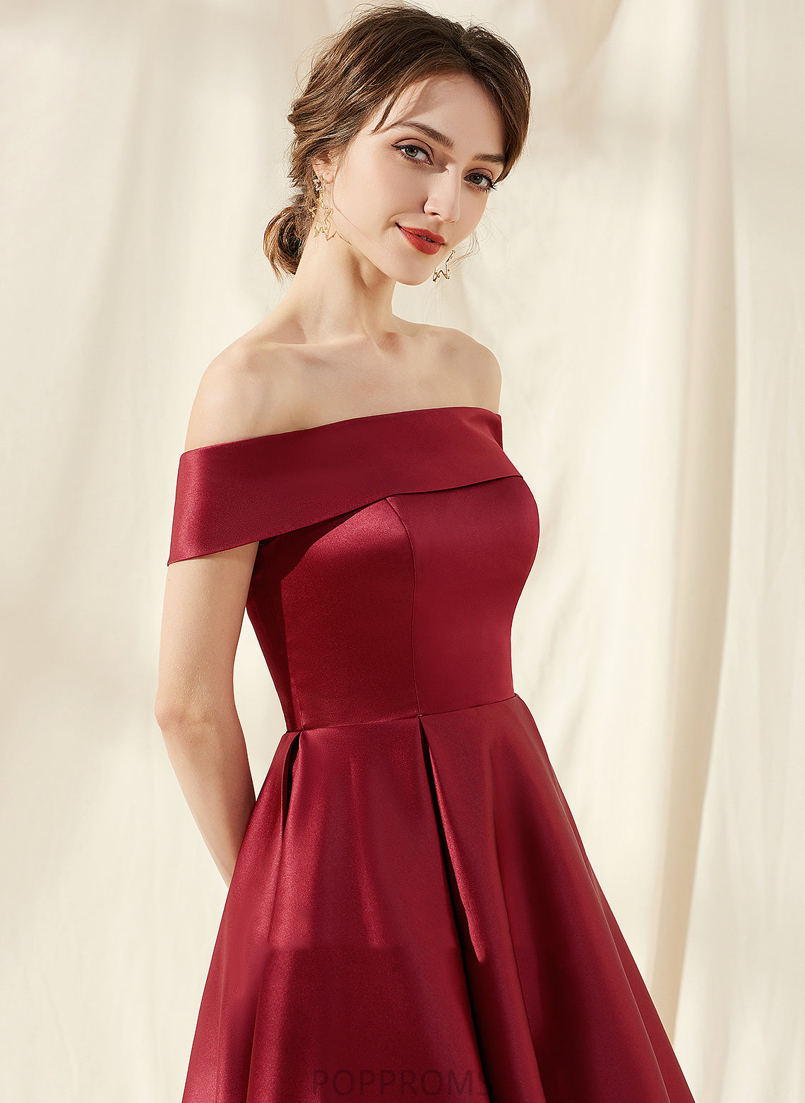 Cocktail Dresses A-Line Asymmetrical With Cocktail Pockets Dress Off-the-Shoulder Satin Elisa