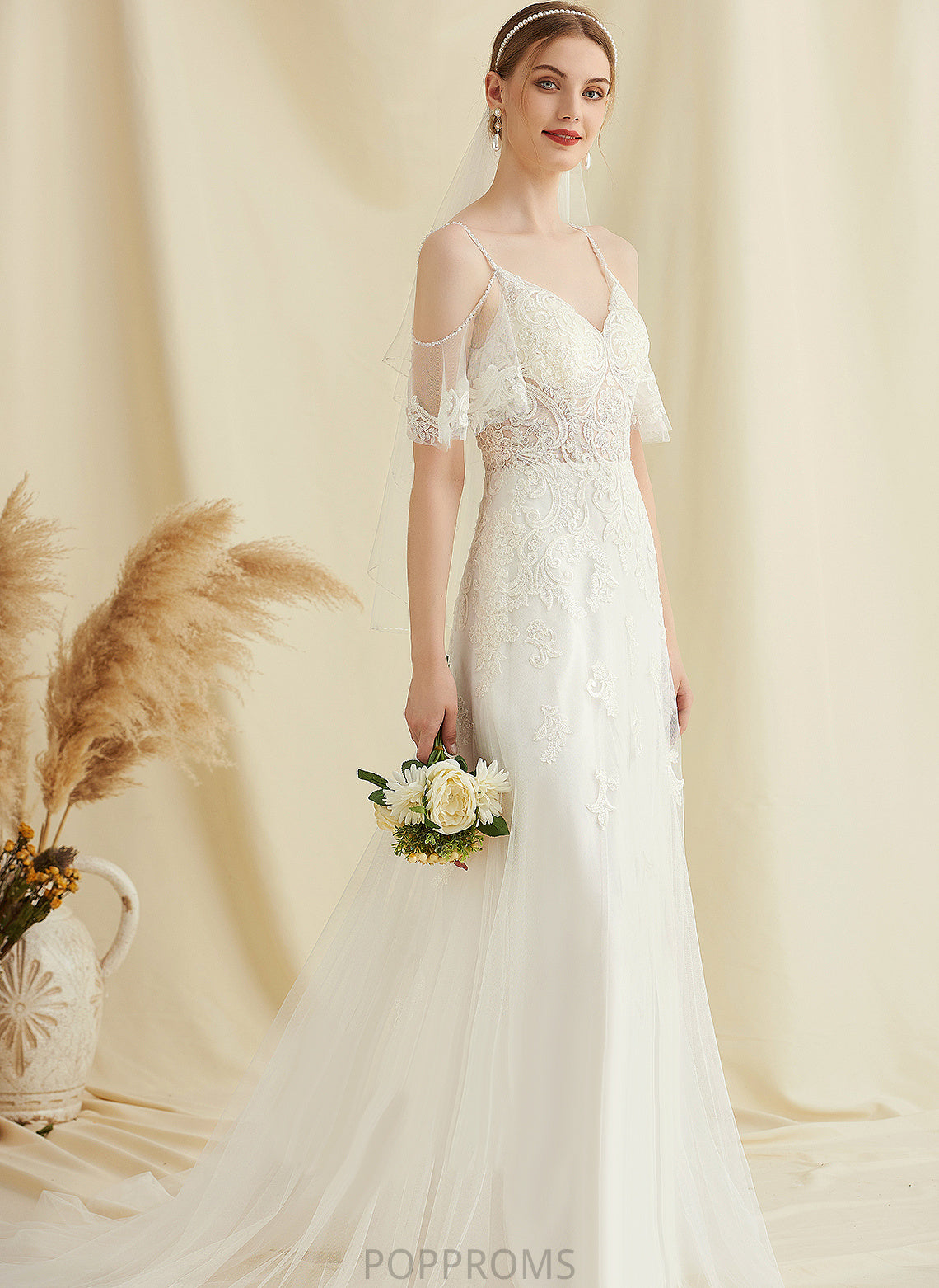 With Beading Train Tulle Kinsley Lace Wedding Dresses V-neck Sweep A-Line Dress Wedding