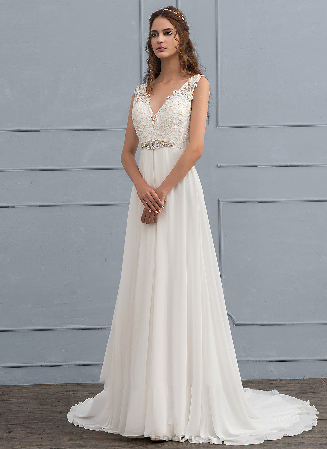 Wedding Train Beading Dress Sequins Chiffon V-neck A-Line Haylee Wedding Dresses With Court