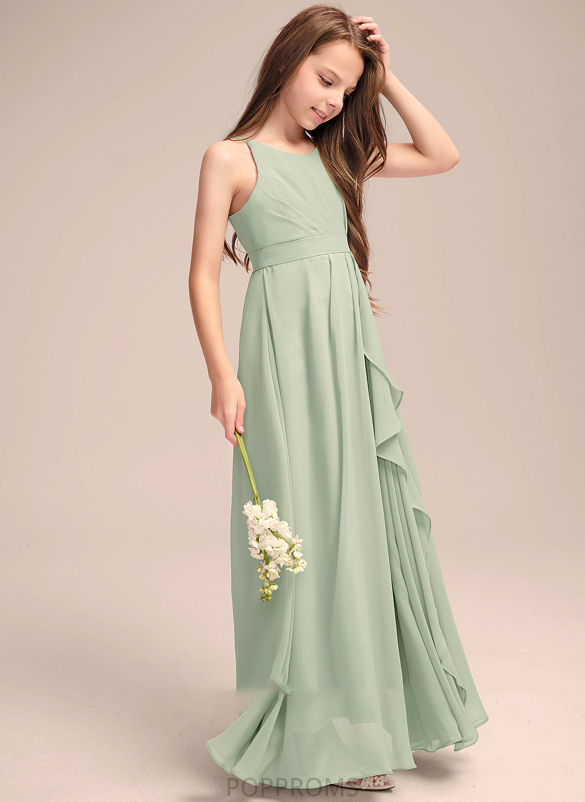 With Ruffles A-Line Neck Floor-Length Logan Junior Bridesmaid Dresses Chiffon Cascading Scoop