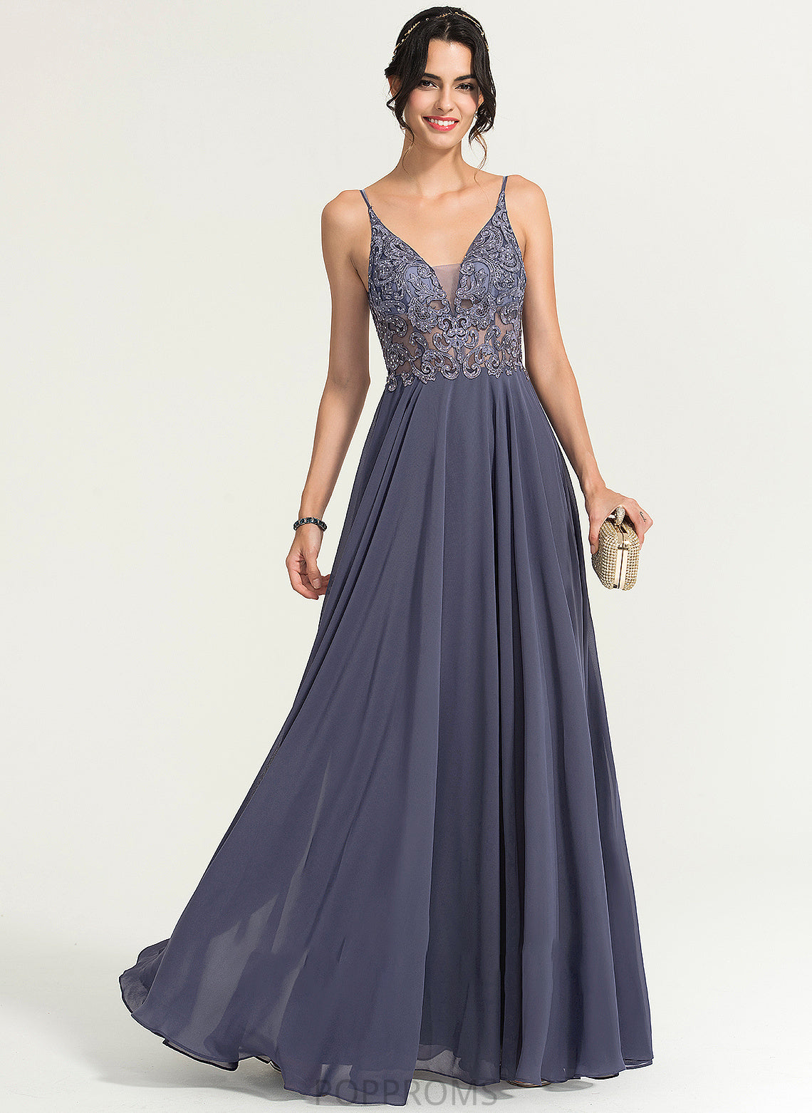 Chiffon With Prom Dresses A-Line V-neck Beading Sequins Floor-Length Athena