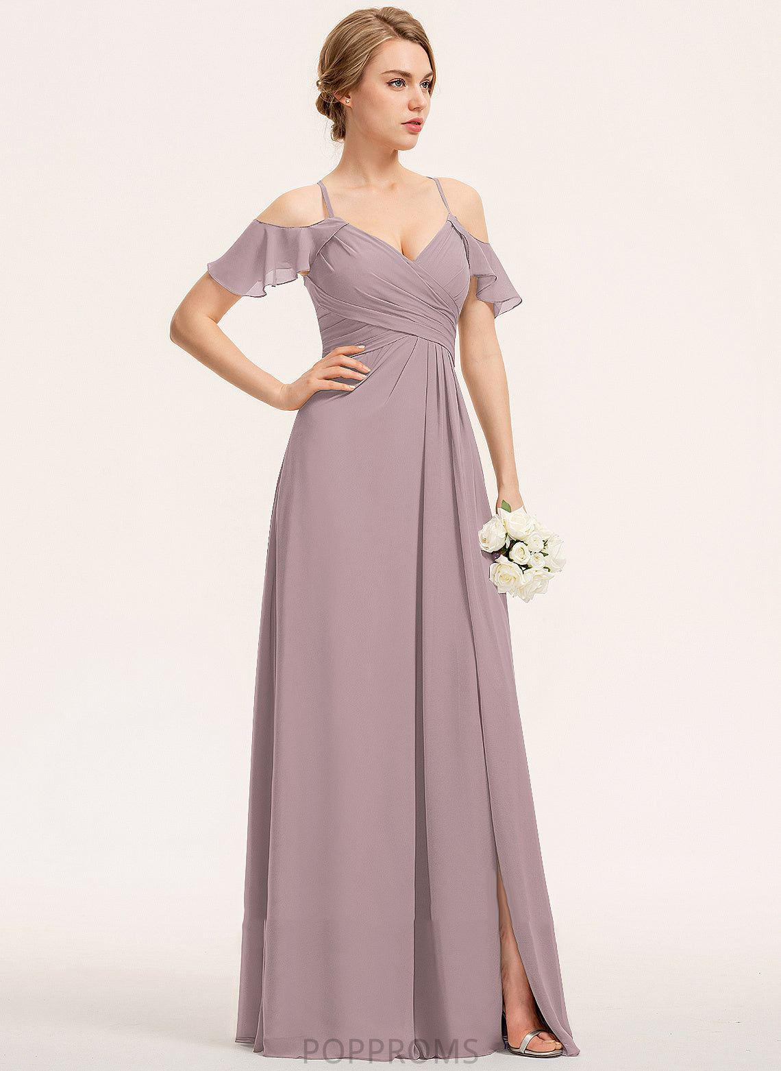 Ruffle V-neck Floor-Length CascadingRuffles A-Line ColdShoulder Neckline SplitFront Fabric Silhouette Embellishment Length Bridesmaid Dresses