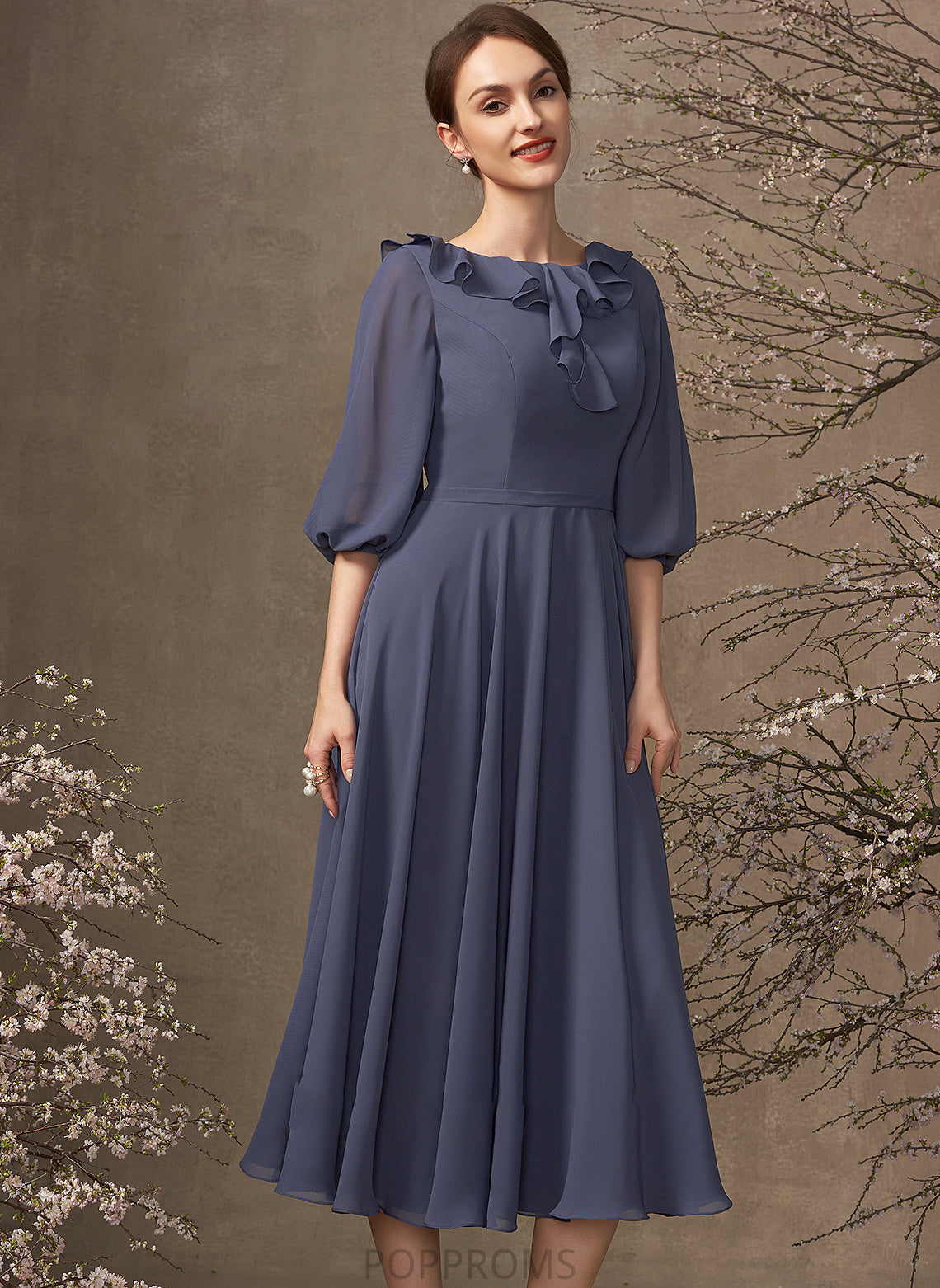 Mother of the Bride Dresses Dress Chiffon Mother Tea-Length Bride Cascading of Scoop Neck the Kenzie A-Line Ruffles With