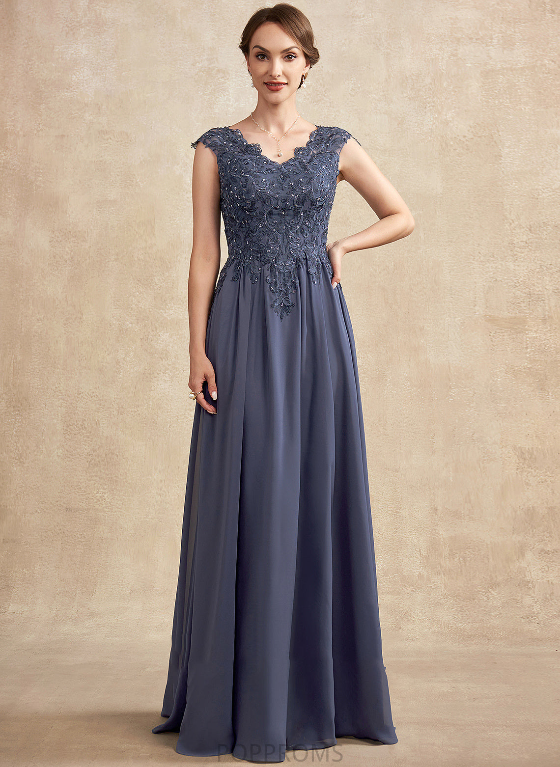 A-Line Beading V-neck Mother of the Bride Dresses of Liana Bride With Mother Floor-Length Chiffon Lace Sequins Dress the