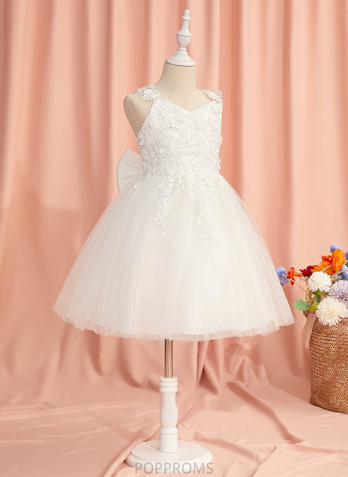 With Straps Flower Kelsie Knee-length A-Line Tulle - Sleeveless Dress Lace/Flower(s)/Bow(s) Flower Girl Dresses Girl